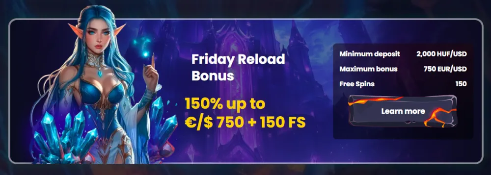 SlotsGem Friday Reload Bonus banner offering 150% up to €/$ 750 and 150 free spins